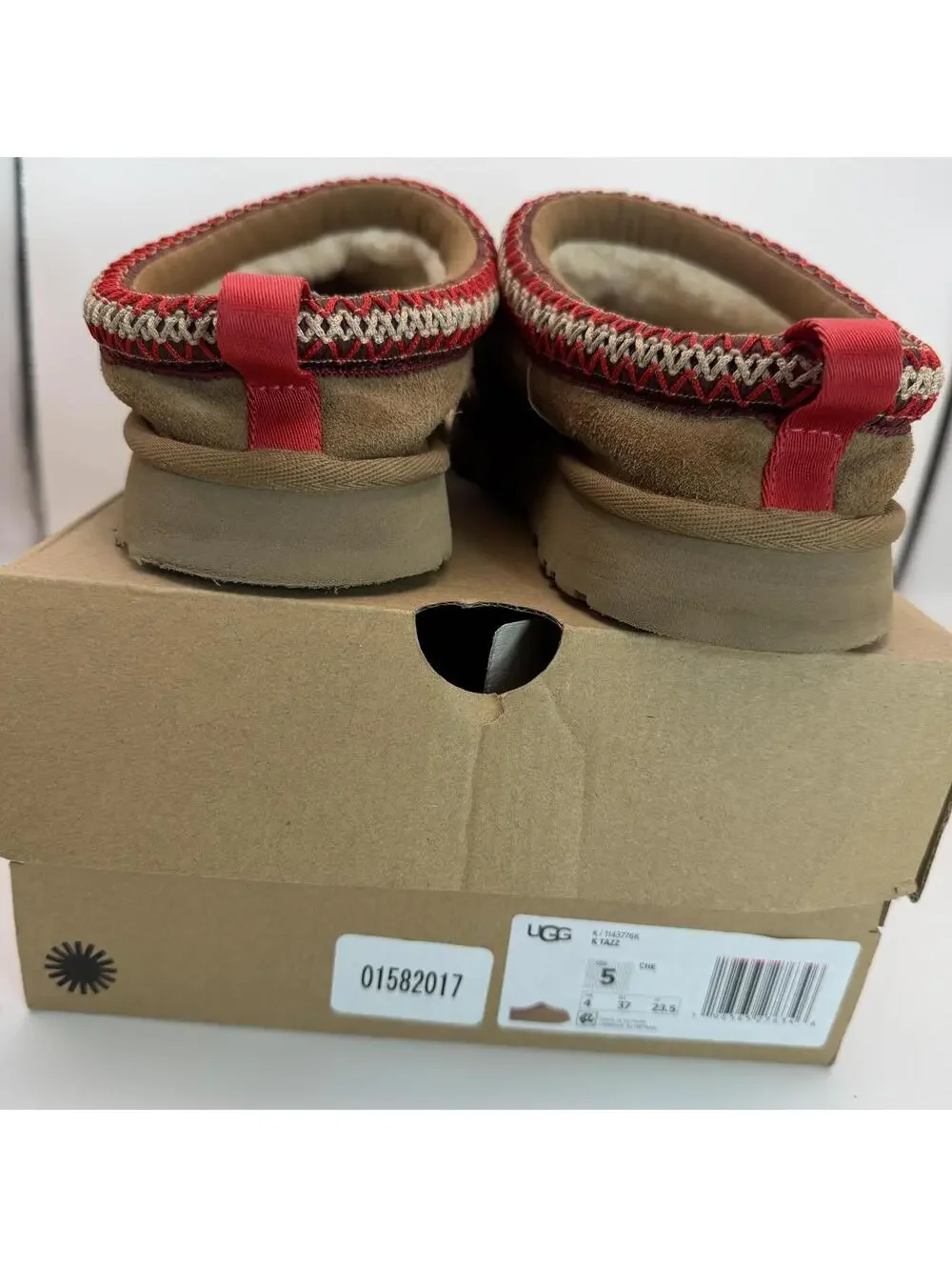 UGG Size 5 Brown Suede Slippers Red Trim Tasman Tazz Braid Shearling - Picture 2 of 7